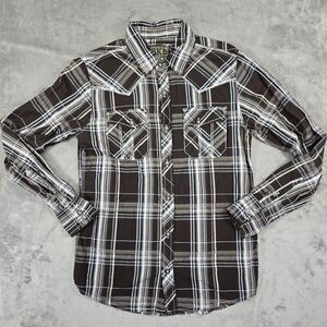 Buckle BKE Men's Slim Brown Fit Western Plaid Button Down Shirt Size M
